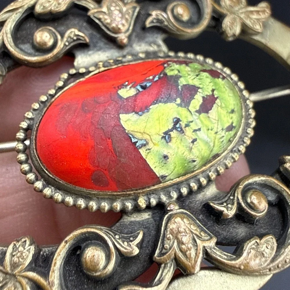 Vintage Victorian Czech Foil Art Glass Brooch‎ Sash Pin Red Green
